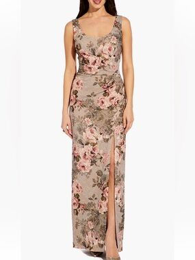 Adrianna Papell Taupe Floral Scoop Neck Maxi Dress with Front Slit